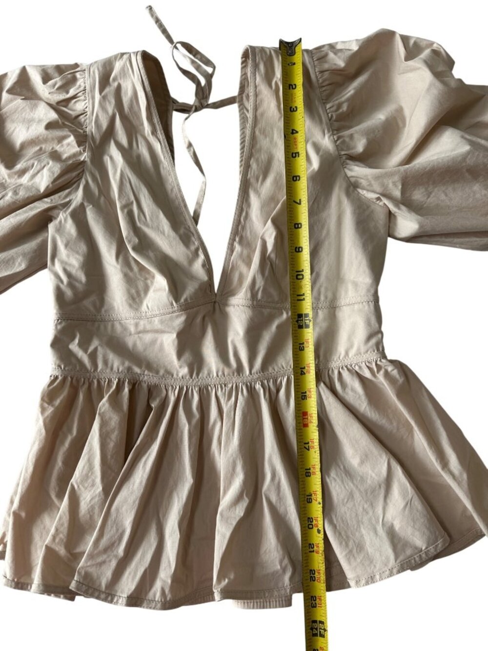 Staud Beige Peplum Blouse With Puff Sleeves & V-Neckline Size S - Picture 7 of 12